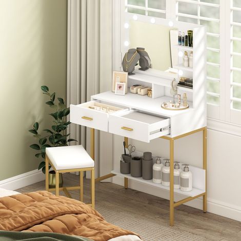 Tocador de Maquillaje con Luz y Taburete Mesa de Maquillaje con 2 Cajones y Estantes de Almacenamiento Blanco (1/5)