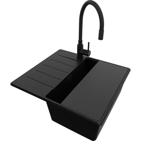 PRIMAGRAN Evier Cuisine en Granit 55x50cm, Lavabo 1 bac + Kit de Vidage + Accessoire, Évier à Encastrer au meuble 40cm - Copenhague, Tout Noir (1/5)