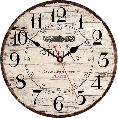 Horloge Murale 30 CM Facile à Lire Chiffres Arabes Horloge Murale en Bois Silencieux sans Coutil À Piles Horloges Murales Maison Rétro Style Country Français Art Décor Horloge Suspendue (1/5)