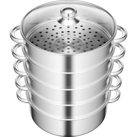Cuiseur vapeur en acier inoxydable 5 étages 28 cm, casseroles à vapeur, panier vapeur empilable à couvercle transparent, argenté (1/5)