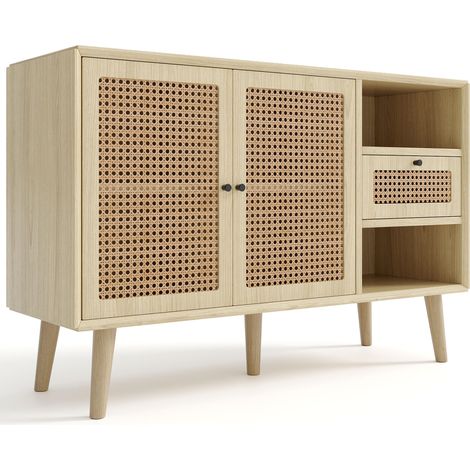 Aparador de MDF efecto roble con 1 cajón, 2 puertas de ratán y tiradores negros (1/5)