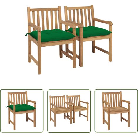 Chaises de jardin lot de 2 et coussins vert Bois de teck massif (1/5)