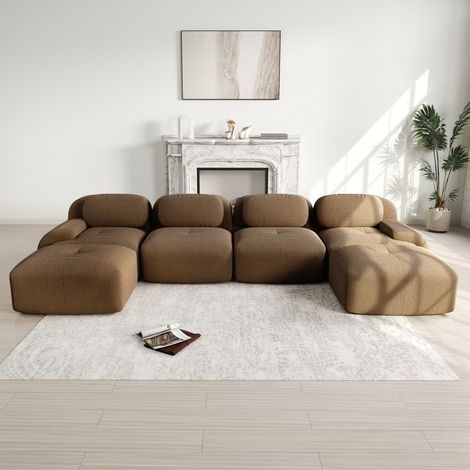Canapé Modulable en U 4 Places avec 2 Méridienne -Canapé 388x178 cm avec Mousse Haute Densité - Sans Cadre - Velours Côtelé Marron (1/5)
