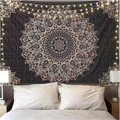 Schwarzer Mandala-Wandteppich, psychedelisch, ästhetisch, indisch, Hippie, Bohemian, Wohndekoration, für Schlafzimmer, Wohnzimmer (150 x 130 cm) (1/4)