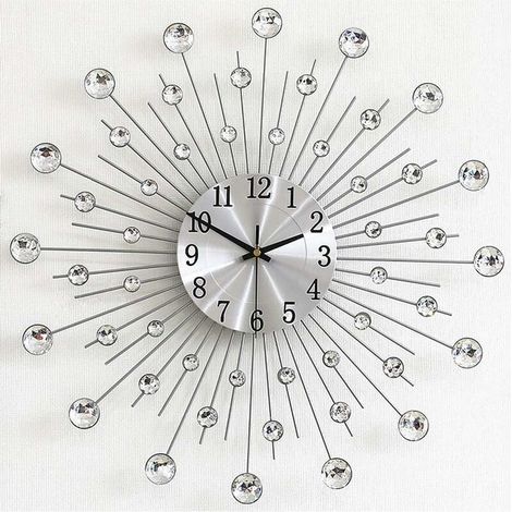 Reloj de pared Reloj de números arábigos silencioso y silencioso con diamantes de moda Reloj de pared grande plateado para sala de estar, dormitorio, cocina, decoración del hogar (50 cm 50 cm) (1/5)