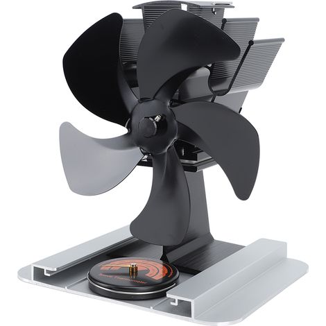 Ventilateur de poêle à bois vertical à 5 pales en alliage d'aluminium, alimenté par la chaleur, avec thermomètre intégré, pour poêle à pétrole et poêle à bois (noir).