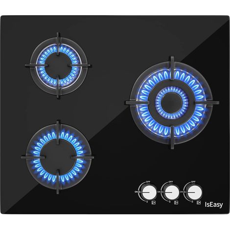 IsEasy Empotrado Placa de gas,3 Quemadores 3,3/2,7/1,75kw 60cm,Gas Natural/Propano,Negro,Cristal- 3 fuegos