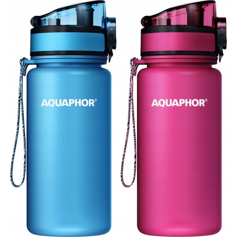 Botella filtrante Aquaphor City de 0,35 L en color azul y rosa con cartuchos. (1/5)