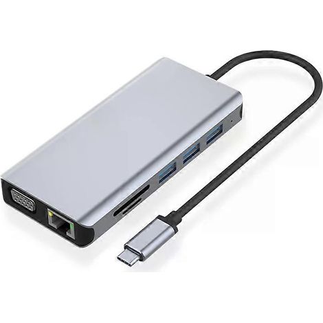 Adaptateur hub Type-C 12 en 1 avec alimentation 100 W, HDMI, VGA, USB 3.0, AUX - (1/5)
