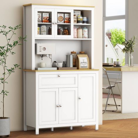 Buffet de cuisine haut 5 portes dont 2 portes vitrées et 1 tiroir. 1 niche centrale - hauteur 180 cm blanc