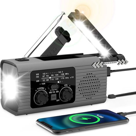 Filiyano – lampe torche LED – Radio d'urgence solaire 2000 MAH à manivelle, radio AM/FM/NOAA, lampe torche LED, lampe de lecture, alarme SOS, chargeur (1/5)