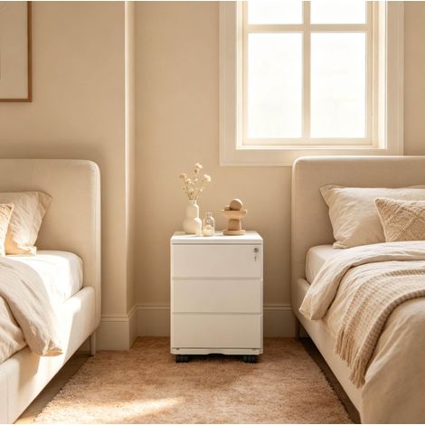 Archivador de oficina 39x52.4x54 cm blanco de acero y nailon con 3 cajones, cerradura y ruedas (1/5)