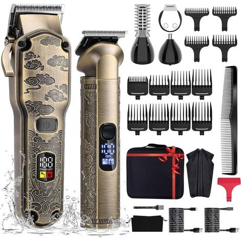Set professionale per uomo di tagliacapelli, rifinitore per barba e capelli, rifinitore lavabile con lama a T, kit di manutenzione senza fili, rifinitore per naso e corpo, set per rifinire capelli e b (1/4)