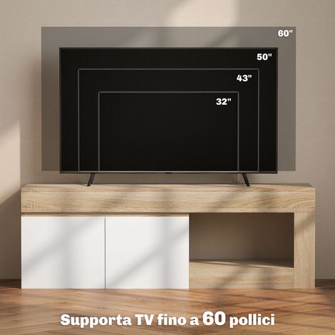 Meuble TV contemporain blanc et bois 140x40x48 cm, support pour écran jusqu'à 60", avec armoire 2 battants et étagère ouverte. (1/5)