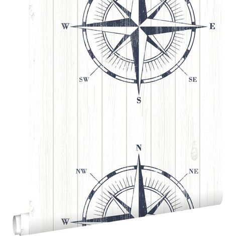 papier peint rose des vents sur du bois de rebut bleu foncé et blanc - ESTAhome (1/5)