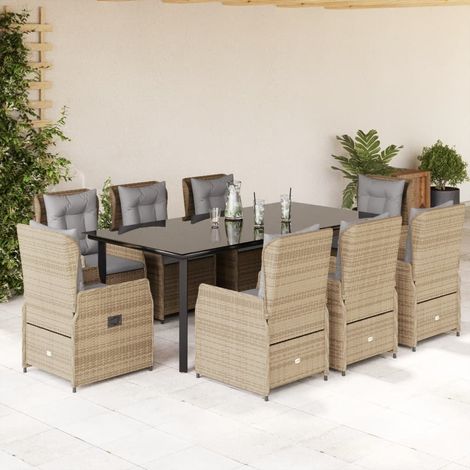 Salon de jardin repas 9 pièces avec coussins, 8 fauteuils inclinables en poly rotin beige - PANGIVO (1/5)