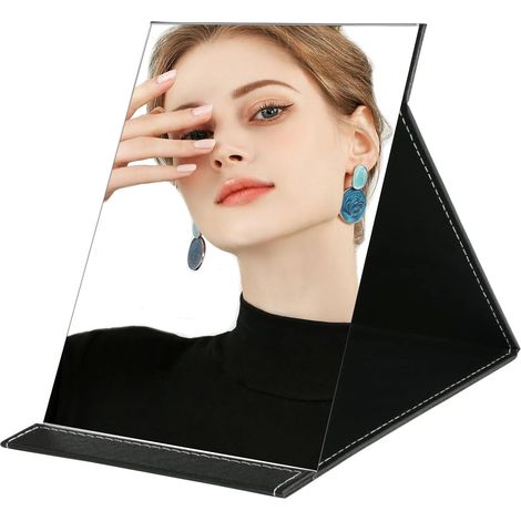 Miroir pliable portable, 16,5 x 12 cm, à poser, noir, minimaliste, pliable, support réglable, miroir de maquillage de voyage