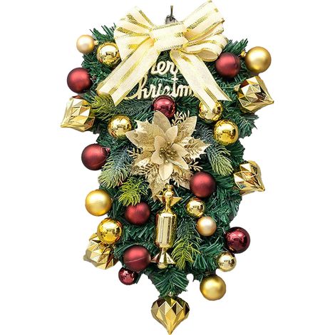 Fenster- oder Türdekoration: künstlicher, kopfüber aufgehängter Tannenbaum, tropfenförmige Girlande, Schleife, künstliche Blume. (1/2)