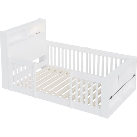 Lit enfant 90x190 cm avec barrière de protection haute, port USB et veilleuse intégrés, rangement au pied, sommier à lattes, blanc (1/5)