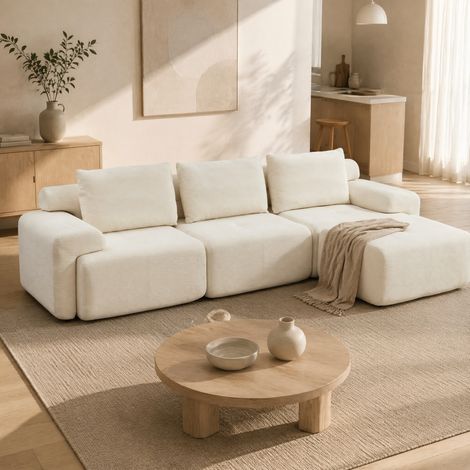 Divano angolare 305x137x69 cm bianco, chaise longue, tessuto a coste, senza montaggio MEUBLIV (1/5)