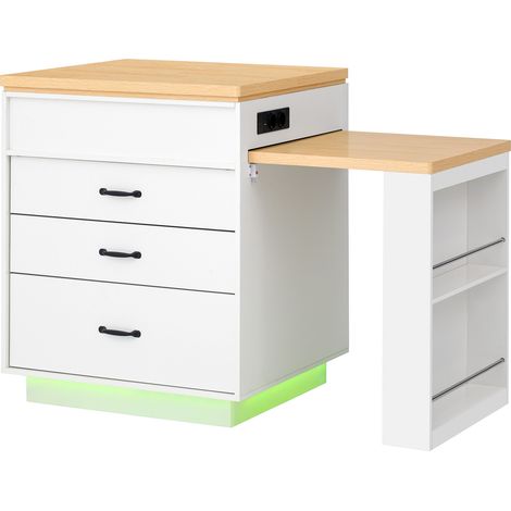 Table à manger extensible avec roulettes, éclairage LED intégré et prises, meuble multifonction blanc naturel (1/5)