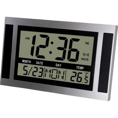 Große digitale LCD-Wanduhr – Anzeige von Uhrzeit, Temperatur und Kalender – Wecker mit Schlummerfunktion – Modernes silbernes Design, 25 x 15,5 cm (1/5)