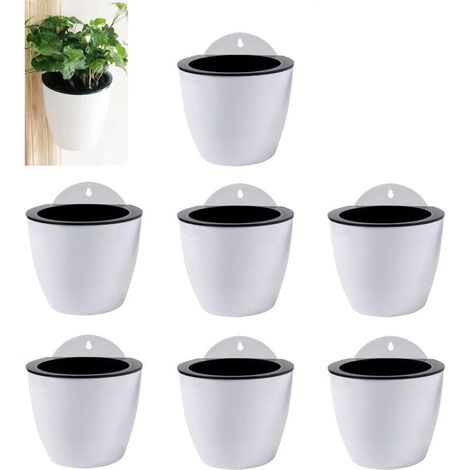 Lot de 7 jardinières suspendues en plastique blanc avec système d'arrosage automatique Conception à double couche Jardinières d'intérieur et d'extérieur Décoration murale de fenêtre 13 cm (1/4)