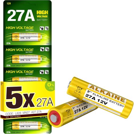 Lot de 5 piles alcalines 27 A 12 V A27, V27A, LR27A, MN27, L828 pour télécommandes de porte de garage, entrée sans clé, sonnette et appareils de sécurité (1/5)