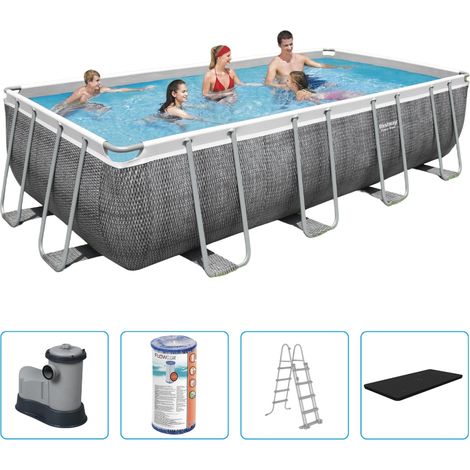 Piscine Bestway Power Steel - 549 x 274 x 122 cm - Imprimé rotin - Rectangulaire - Avec pompe de filtration + accessoires (1/5)