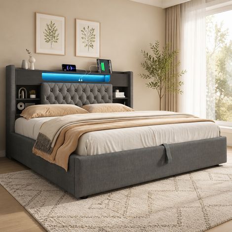 Letto imbottito 160x200 cm con sollevamento idraulico, LED, USB e contenitore, lino grigio (1/5)