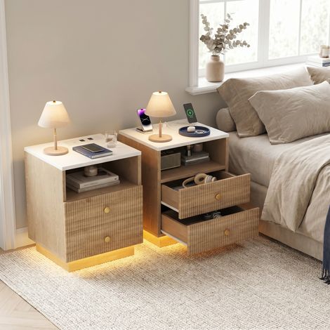 Lot de 2 Tables de chevet 44x38x55cm avec LED et Station de charge, 2 Tiroirs, en Bois, Chêne (1/5)