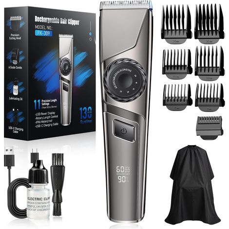 Tondeuse à cheveux professionnelle, avec chargement USB C, affichage LED, IPX6, étanche 65 dB, kit de barbier professionnel pour homme la maison et salon coiffure, C - (1/5)