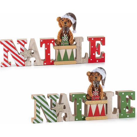 Scritte decorative di Natale in legno colorato con orsetto in morbido pelo e dettagli glitterati, set da 4 pezzi, cm 23,5 x 2,3 x 11,5 H