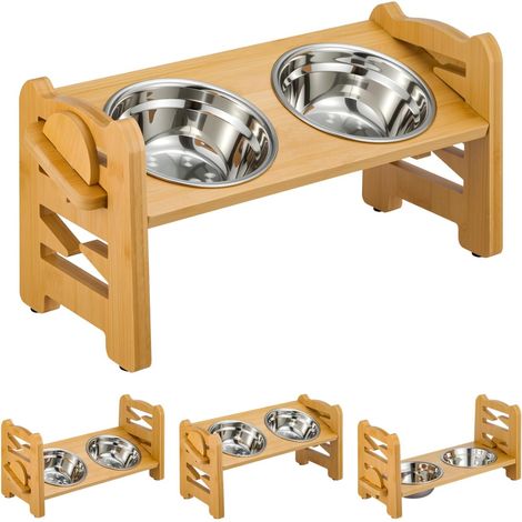 Trintion 6-Level Adjustable Bamboo Dog Bowl Stand with 2 Stainless Steel Bowls, 15° Tilted Elevated Feeding Station for Small Medium Dogs Cats - Foldable Pet Food Dish Holder (1/5)