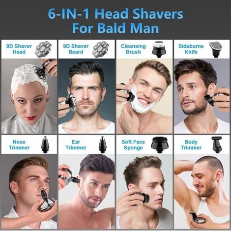 (argent)Rasoir électrique 9D pour hommes chauves, rasoirs à tête amovibles humides/secs avec affichage LED, 6 en 1