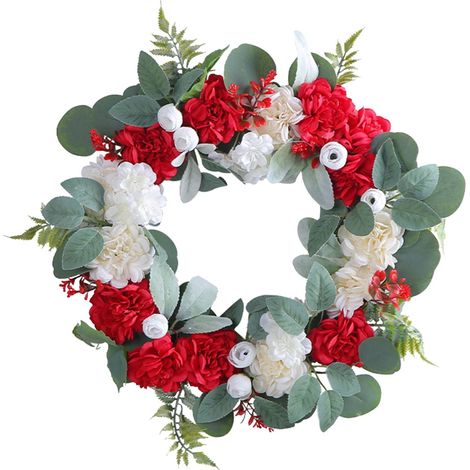 Guirlande Fleurie - Couronne Décorative Porte Intérieure - Branchage Artificiel Blanc Rouge - Décoration Murale Festival Printemps Été - 1 Pièce (1/5)