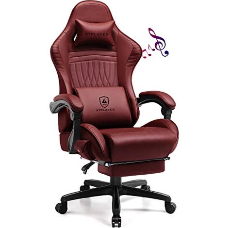Chaise gaming ergonomique en cuir PU – Haut-parleurs Bluetooth intégrés – Accoudoirs réglables et coussin lombaire – Design moderne vin rouge
