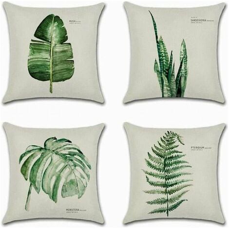 Fundas de cojín decorativas de algodón y lino de 45x45 cm - Juego de 4 piezas, sencillo estampado de hojas verdes para sofá, coche e interior - ULISEM (1/5)