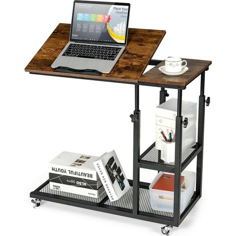 Gain de place table d'appoint en C, hauteur réglable 25-36 pouces, roulettes verrouillables, pour lit et canapé (1/5)