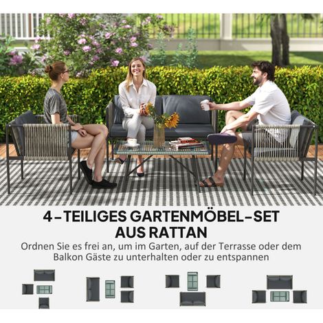 Ensemble de jardin 4 pièces – Table en verre, canapé, fauteuils et coussins, structure acier et rotin synthétique, gris – Salon modulable pour terrasse (1/5)