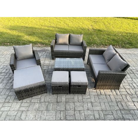 Fimous Rattan Garden Furniture Set 8 Seater Patio Outdoor Lounge Sofa Chair Set with Rectangular Coffee Table 3 Footstools Dark Grey Mixed (1/5)