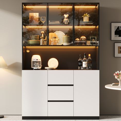 Vitrine en verre LED 120 x 40 x 200 cm, 3 tiroirs, 2 portes, MDF noir (1/5)