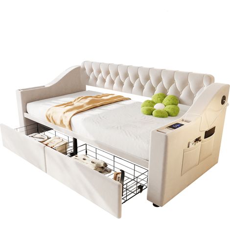 Lit canapé capitonné 90x190 velours beige, accoudoirs larges USB, tiroir (1/5)