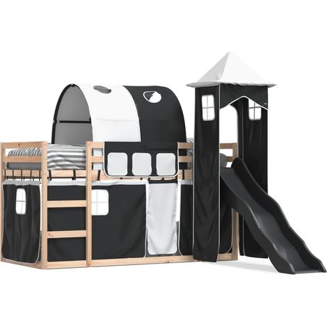 Lit simple,Lit adulte,Lit superposé avec toboggan et rideaux blanc et noir 80x200 cm CFW18963 (1/5)
