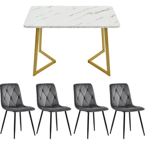 Essgruppe mit 4 Stühlen 117x68 cm, rechteckiger Esstisch Set 4 Personen, Marmoroptik MDF, Samtstühle dunkelgrau, goldene Tischbeine