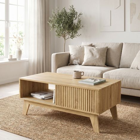 Mesa de centro moderna para salón con puerta corredera acanalada de 95 cm - Mueble de almacenaje escandinavo de madera con hueco abierto para salón y espacios pequeños - Acabado natural (1/4)