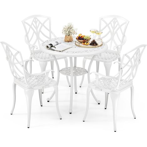 Costway – Ensemble bistrot 5 pièces en aluminium – Table ronde avec trou parasol – 4 chaises ergonomiques – Résistant aux intempéries – Blanc