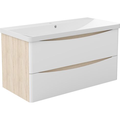 AICA Ensemble de meubles de salle de bain Brillant 100 cm avec vasque + 2 tiroirs, Blanc et Chêne