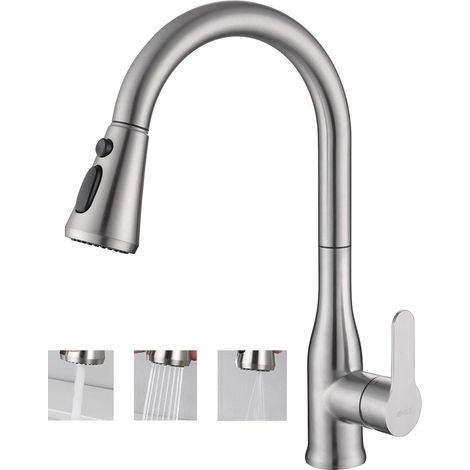 ONECE Robinet de Cuisine avec Douchette, Mitigeur Evier Extractible avec 3 Jets d'eau, Robinettrie Rotatif 360° pour Evier Double, Acier Inoxydable, Cartouche Céramique, Brossé