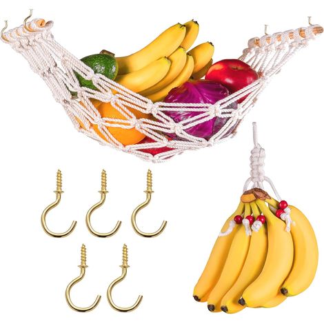 Panier à fruits en macramé pour cuisine sous meuble - Filet porte-fruits avec support pour bananes et crochet - Astucieux gain de place et décoration bohème pour la cuisine (1/5)